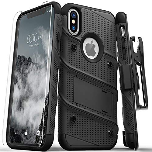 ZIZO Bolt Series for iPhone X Case Military Grade Drop Tested with Screen Protector, Kickstand and Holster iPhone Xs Black