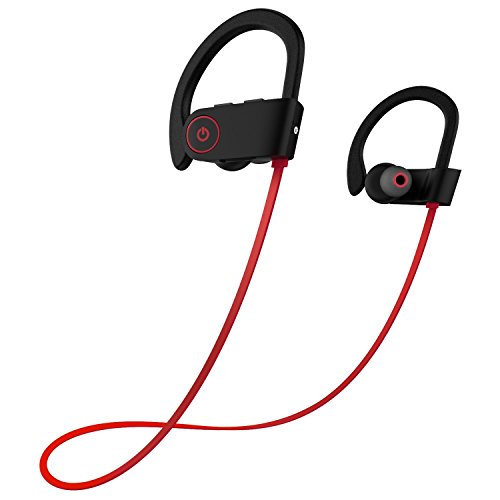 Bluetooth Headphones w/Mic Wireless Noise Cancelling Earphones, Ezone IPX7 Waterproof HD Stereo Sweatproof Earbuds for Gym Running Workout 8 Hour Battery Headphones (Red)