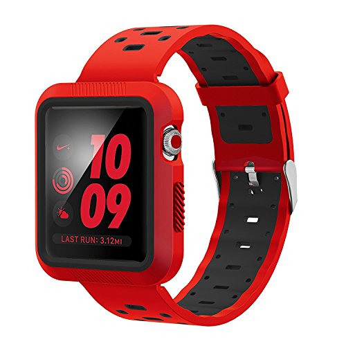 Book Cover EloBeth Watch Band with Case Compatible with Apple Watch Band 42mm Series 3 2 1 with Case Bumper iWatch 42mm Band Sport Silicone (42mm Red/Black)