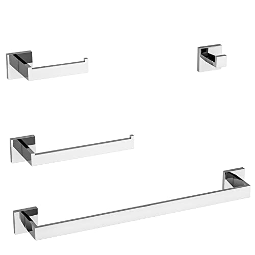 LuckIn Modern Polished Chrome Bathroom Hardware Set, Includes 24 Inch Bath Towel Bar, SUS304 Stainless Steel, 4 Pieces