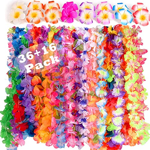 Hawaiian Luau Party Supplies-Hawaiian Leis(36Ct) with (16pcs) Hawaiian Flower Hair Clips, Perfect for Your Hawaii Luaus, Kids' Party Centerpieces