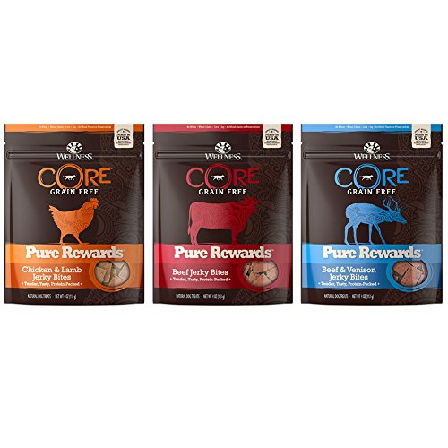 Wellness CORE Pure Rewards Jerky Bites Dog Treats Variety Pack - 4 Ounces - 3 Flavors - Beef, Beef & Venison, and Chicken & Lamb