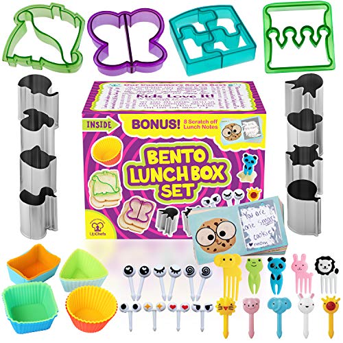 Book Cover Complete Bento Lunch Box Supplies and Accessories For Kids - Sandwich Cutter and Bread Crust Shape Remover - Mini Vegetable Fruit Shapes cookie cutters - Silicone Cup Dividers - FREE Food Pick forks