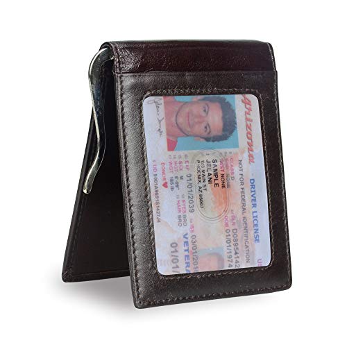 Onstro RFID Blocking Money Clip Grain Leather Wallet for Men Slim Front Pocket Bifold ID Window Brown