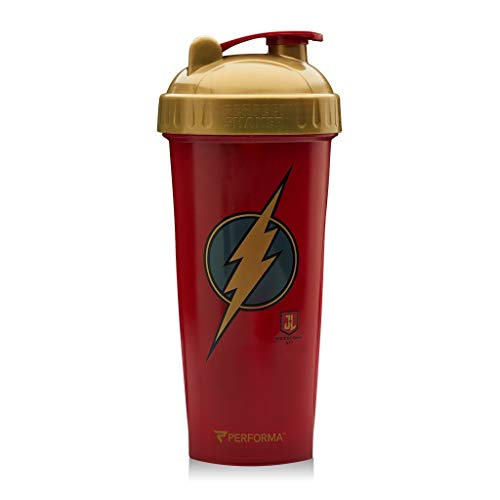 Book Cover Performa Justice League & DC Comic - Leak Free Protein Shaker Bottle with Actionrod Mixing Technology for All Your Protein Needs! Shatter Resistant & Dishwasher Safe (Flash JL)(28oz)