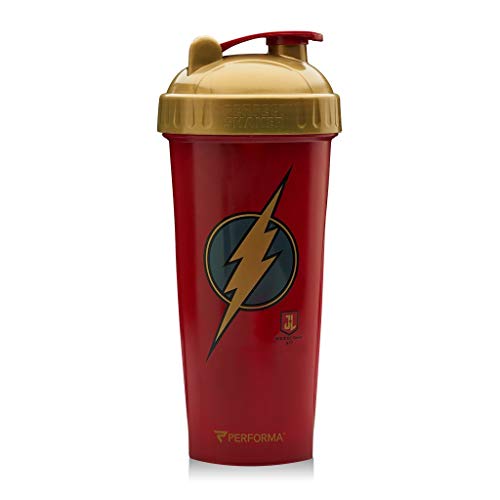 Performa Justice League & DC Comic - Leak Free Protein Shaker Bottle with Actionrod Mixing Technology for All Your Protein Needs! Shatter Resistant & Dishwasher Safe (Flash JL)(28oz)