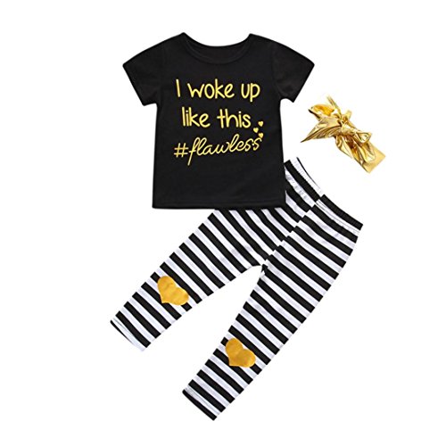 WuyiMC Girls Long Sleeve Set, Baby I Woke up Like This Print Toddler Shirt and Stripe Pants Outfits Set