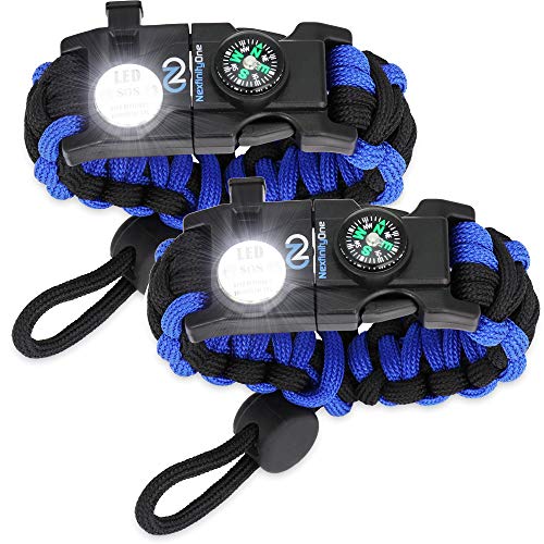 Survival Paracord Bracelet - Tactical Emergency Gear Kit with SOS LED Light, 550 Grade, Adjustable, Multitools, Fire Starter, Compass, and Whistle - Set of 2 (Blue)