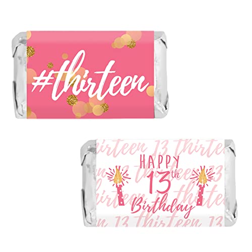 Girls 13th Birthday Party Mini Candy Bar Wrappers, Pink and Gold - 45 Stickers
