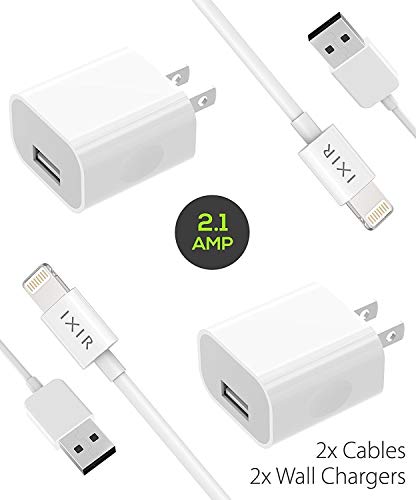 iPhone X Charger set, iPhone X/8/8 Plus/7 Plus/7/6S plus/6S/6/5/5S/5C Charger 5W - 2.1 Amp Fast Power adapter Apple MFi Certified Lightning to USB Cable Kit by Ixir – (2 Wall Charger + 2 Cable)