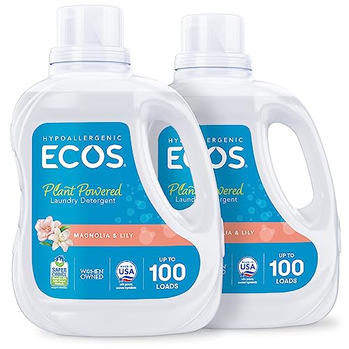Book Cover ECOS Laundry Detergent Liquid, 200 Loads - Dermatologist Tested Laundry Soap - Hypoallergenic, EPA Safer Choice Certified, Plant-Powered - Magnolia Lily, 100 Fl Oz (Pack of 2)
