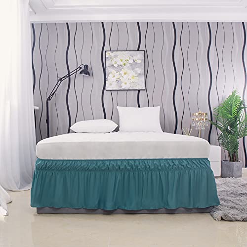 Book Cover AYASW Bed Skirt 14 Inch Drop Dust Ruffle Three Fabric Sides Wrap Around with Elastic No Top Easy On (Queen-King Teal Blue)