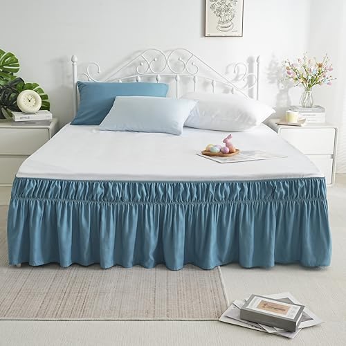 AYASW Bed Skirt 14 Inch Drop Dust Ruffle Three Fabric Sides Wrap Around with Elastic No Top Easy On (Queen-King Teal Blue)