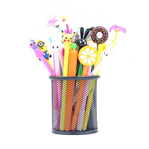 30Pcs Refillable Gel Ink Rollerball Pens from Chris.W, Cute Cartoon Shell, 0.5mm Extra Fine Tip, Black Ink - Bonus a Free Mesh Pencil Holder
