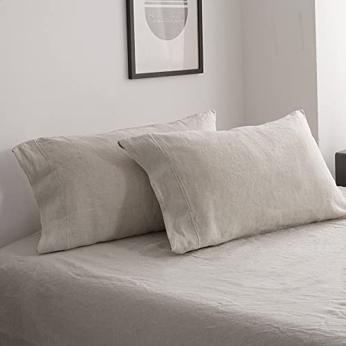 Simple&Opulence 100% Belgian Linen Pillowcase Embroidered-Set of 2 King Size Stone Washed Solid Color-Soft and Durable (Linen, 20''x40'')