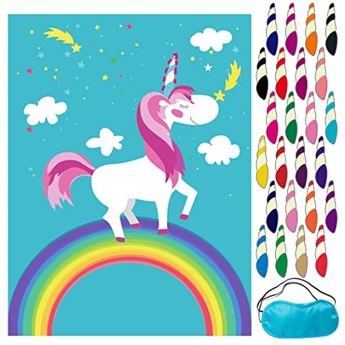 MISS FANTASY Pin The Tail Party Games - 24 Reusable Horns - Unicorn Party Supplies, 21'' X 28'' Pin The Tail On The Unicorn Birthday Gift, Pin The Horn On The Unicorn Kids Birthday Party Game