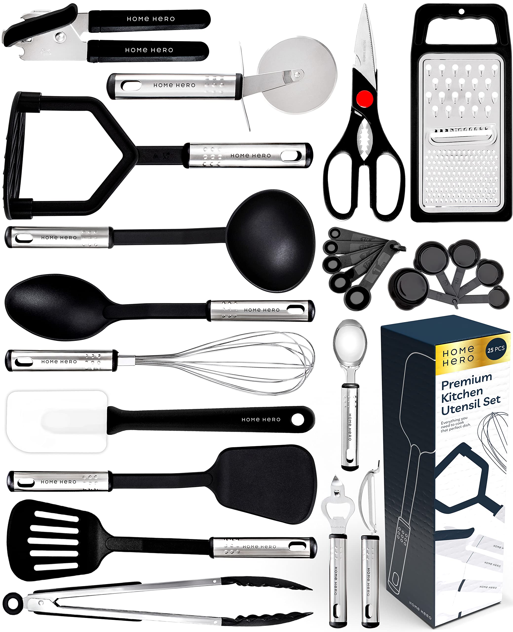 Book Cover Home Hero 25-pcs Kitchen Utensils Set - Nylon & Stainless Steel Cooking Utensils Set with Spatula - Kitchen Gadgets & Kitchen Tool Gift Set 25 Pieces Set Black