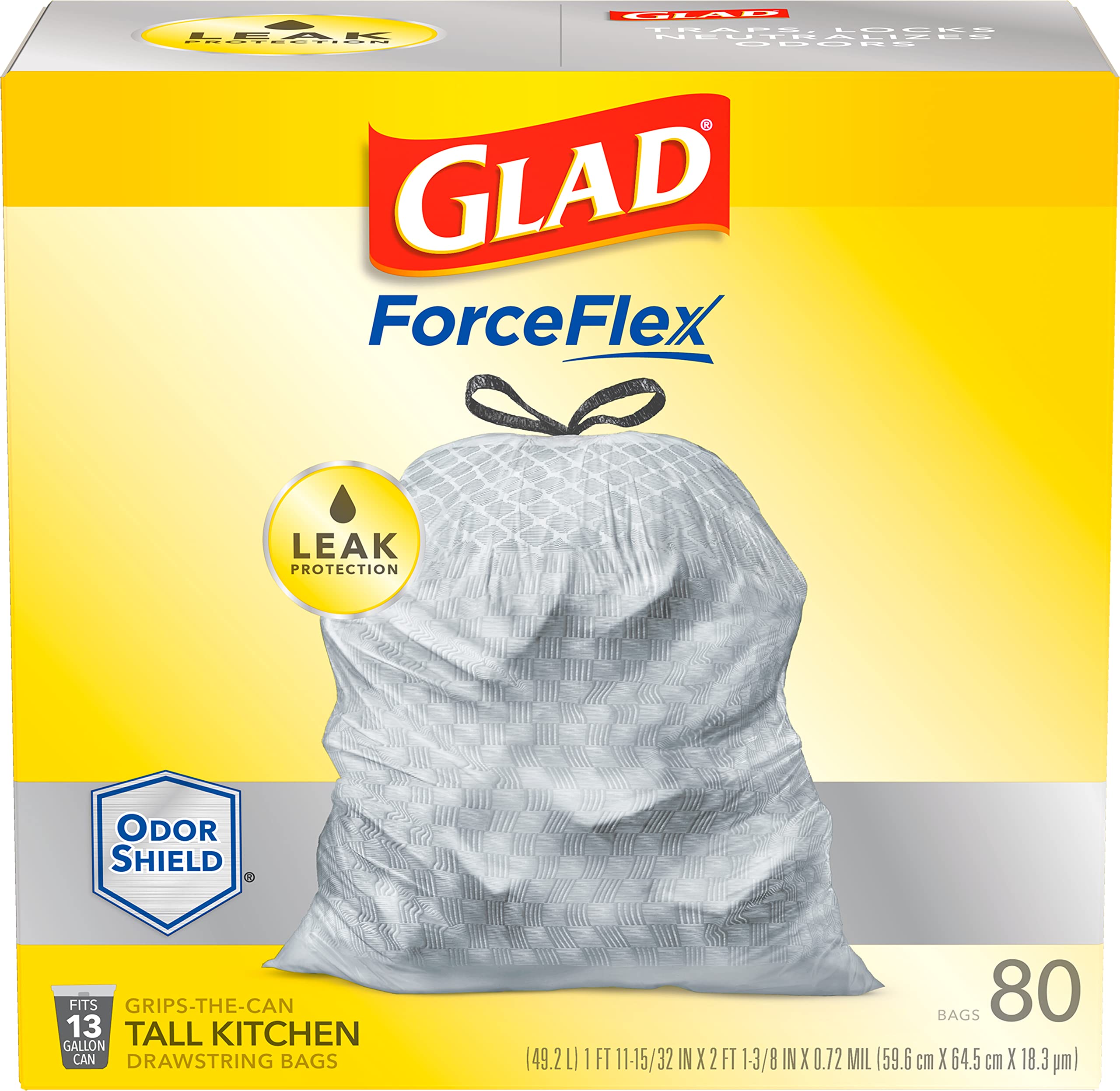 Glad Tall Kitchen Drawstring Trash Bags - ForceFlexPlus 13 Gallon White Trash Bag, OdorShield - 80 Count