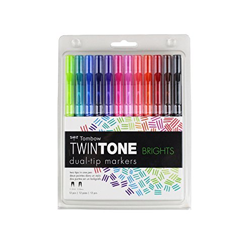 Tombow 61500 Twintone Marker Set, Bright, 12-Pack. Double-Sided Markers for Bold and Precise Writing
