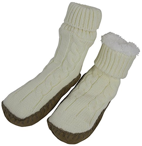 N'Ice Caps Women's Cable Knit Slipper Socks with Non-Skid Gripper Soles (Medium (9.5" sole length), Winter White)