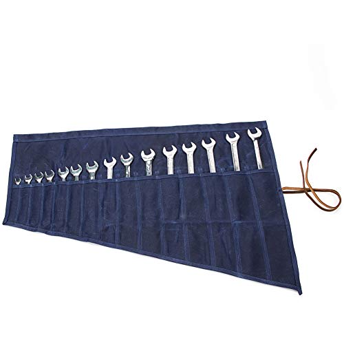 Large Wrench Roll, Wrench Organizer Roll With 14 POCKETS, Blue Wrench Roll up Pouch, Heavy Duty Waxed Canvas Tool Roll Pouch, Chef's Knife Roll, Rolling Tool Bag