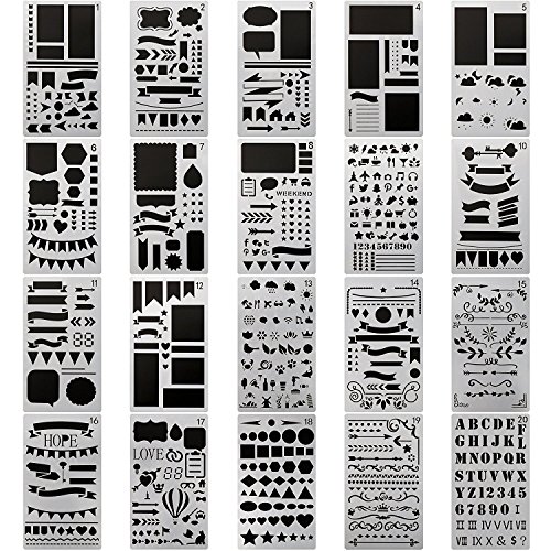 Book Cover 20 PCS Journal Stencil Plastic Planner Set for Journal Notebook Diary Scrapbook DIY Drawing Template Journal Stencils 4x7 Inch