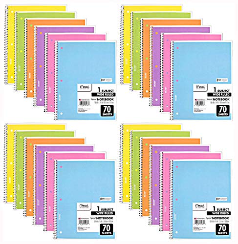 Book Cover Mead Spiral Notebook, Wide Ruled, 1 Subject, Assorted Pastel Colors, 24 Pack