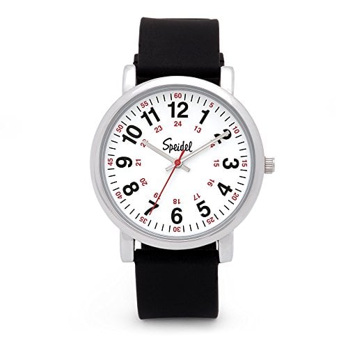 Book Cover Speidel Scrub Watch for Medical Professionals with Black Silicone Rubber Band - Easy to Read Timepiece with Red Second Hand, Military Time for Nurses, Doctors, Surgeons, EMT Workers, Students and More