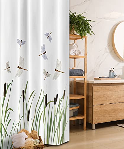 Ambesonne Dragonfly Stall Shower Curtain, Flying Small Dragonflies Over Tall Reeds Botanical Environmental Graphic, Fabric Bathroom Decor Set with Hooks, 36" W x 72" L, Purple Green