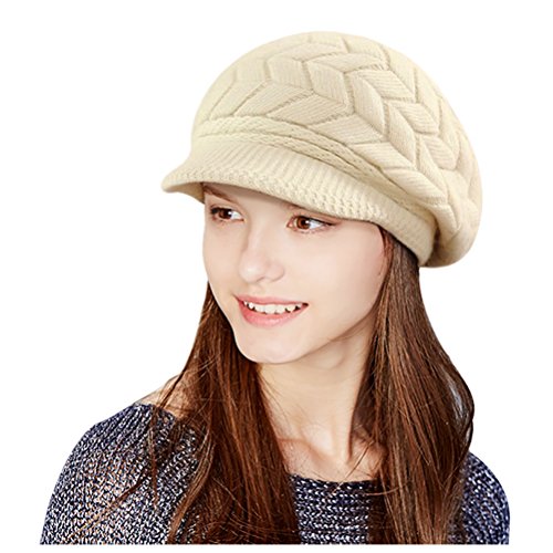 Glamorstar Winter Knit Hat Stretch Warm Beanie Ski Cap with Visor for Women Girl