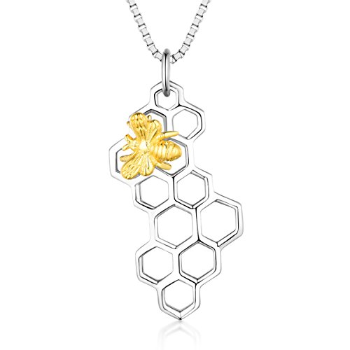 925 Sterling Silver Honeycomb and Golden Honey Bee Pendant Necklace