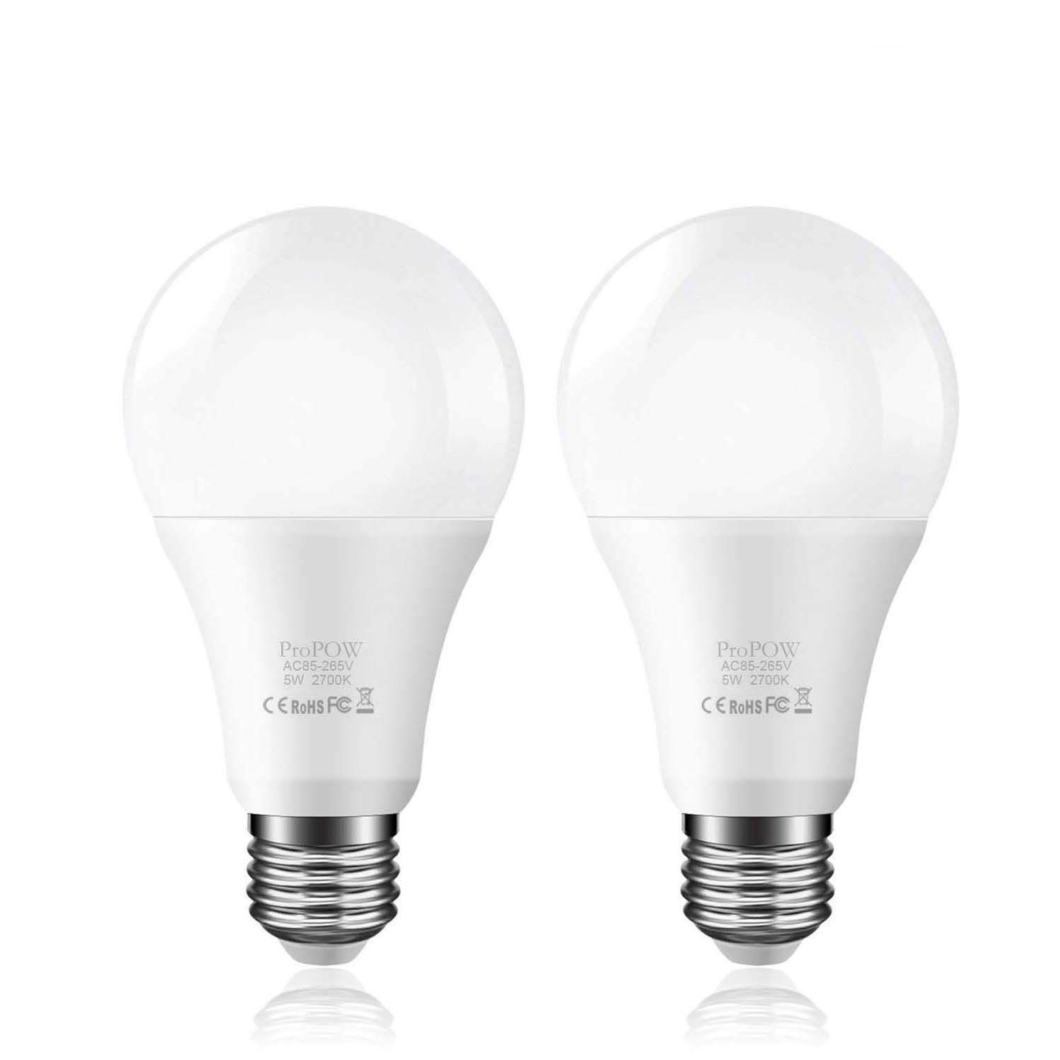 ProPOW Dusk to Dawn Light Bulb, Sensor LED Bulbs Smart Lights Bulb 5W A19 Automatic On/Off, Indoor/Outdoor Lighting Lamp for Porch Garage Driveway Yard Hallway (E26,Soft White,2-Pack)