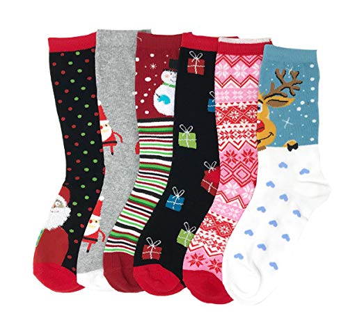 I&S 6 Pairs Crew Socks, Printed Fun Colorful Festive, Crew Knee Cozy Socks Women Fancy Christmas Holiday Design Soft
