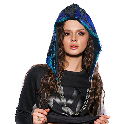 Play Tailor Mermaid Sequin Rave Hood Magic Reversible Sequins Party Bling Hat(15.7" 11.8",Black-Colorful Green)