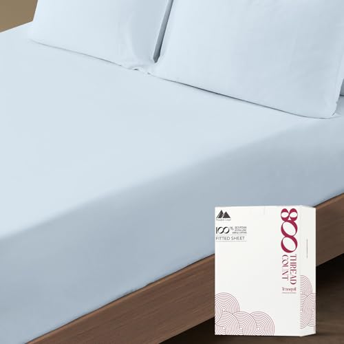 Premium Hotel Quality 1-Piece 100% Cotton Fitted Sheet, Luxury & Softest 800 Thread Count Egyptian Feel Sateen Weave Bottom Sheet, Deep Pocket up to 18 inch, Queen Size, Light Blue