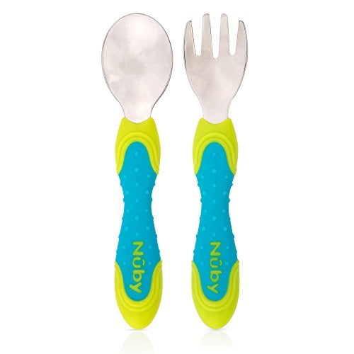 Book Cover Nuby 2 Piece Stainless Steel Utensil, Blue/Green