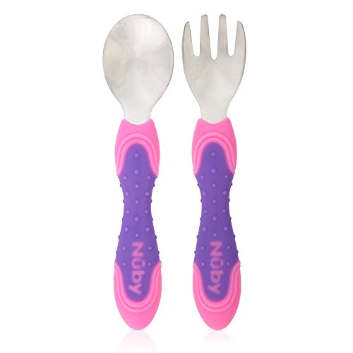 Book Cover Nuby Stainless Steel Utensil, Pink/Purple, 2 Piece