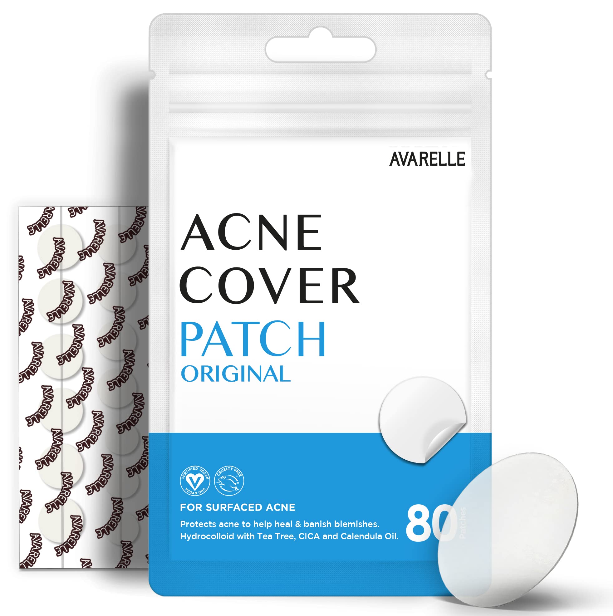 Book Cover Avarelle Pimple Patches (40 Count) Hydrocolloid Acne Patches, Acne Spot Treatment for Blemishes and Zit with Tea Tree Oil, Calendula Oil and Cica Oil for Face, Vegan, Cruelty Free Certified (40 PATCHES)