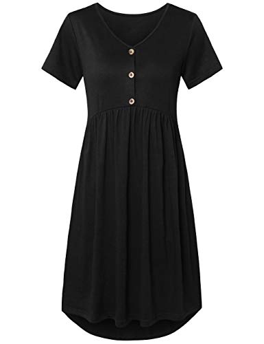 FANSIC Womens Long Sleeve Floral Printed Pleated Swing Midi Dress Short Sleeve with Pockets