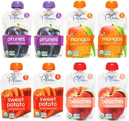 Book Cover Plum Organics Stage 1 Just Fruit & Veggies Variety Pouch Bundle: (2) Just Prunes 3.5oz, (2) Just Mangos 3.5oz, (2) Just Sweet Potato 3oz, and (2) Just Peaches 3.5oz (8 Pack Total)