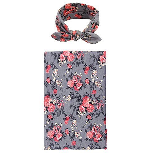 MHJY Newborn Swaddle Receiving Blanket,Baby Floral Swaddling Blankets with Headband Baby Photo Props