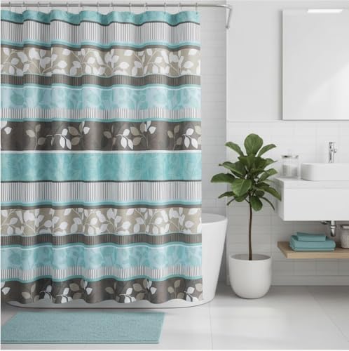 Teal Aqua Blue Brown Beige White Fabric Shower Curtain for Bathroom: Primitive Striped Floral Design, 70 x 72 Inches (Navita)