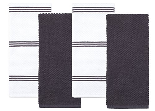 Sticky Toffee Cotton Terry Kitchen Dish Towel, 4 Pack, 28 in x 16 in, Gray Stripe