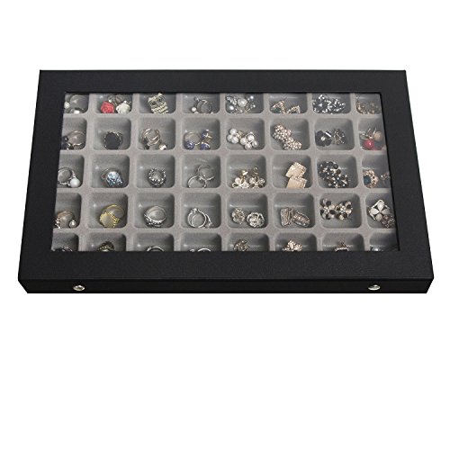Book Cover JackCubeDesign 40 Compartments Jewelry Display Tray Showcase Organizer Storage Box Slots Holder for Earring, Ring with Acrylic Cover(Black, 16.97 x 9.7 x 1.65 inches) – :MK333A