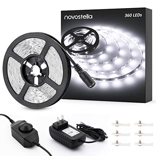 Novostella 20ft/6m Dimmable LED Light Strip Kit, 360 Units SMD 2835 LEDs, 12V LED Ribbon, Flexible Under Cabinet Lighting Strips, Non-Waterproof LED Tape, UL Listed Power Supply, 6000K Daylight White