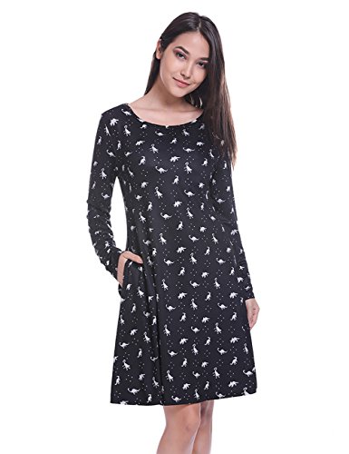 Fancyqube Women's Casual Pleated Shirt Dresses Long Sleeve Cute Print Swing Dress with Pockets