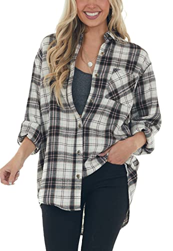 Jug&Po Womens Flannel Shirts Cuffed Long Sleeve Plaid Loose Fit Button Down Shirts Blouse Tops