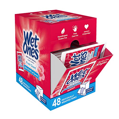 Book Cover Wet Ones Antibacterial Hand Wipes, Fresh Scent, 48 Individually Wrapped Wipes in a Dispenser, Packaging May Vary
