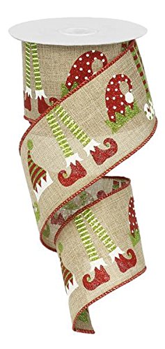 Elf Hats & Legs Christmas Wired Edge Ribbon - 2.5" x 10 Yards (Beige)