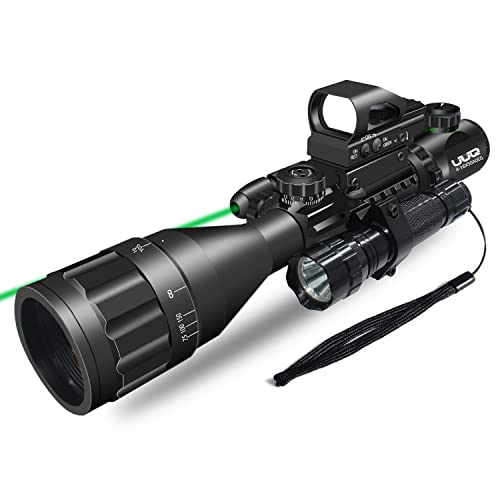 UUQ 4-16x50 AO Rifle Scope Red/Green Illuminated Range Finder Reticle W/ Green Laser - Holographic Reflex Red Dot Sight - 5 Brightness Modes Flashlight